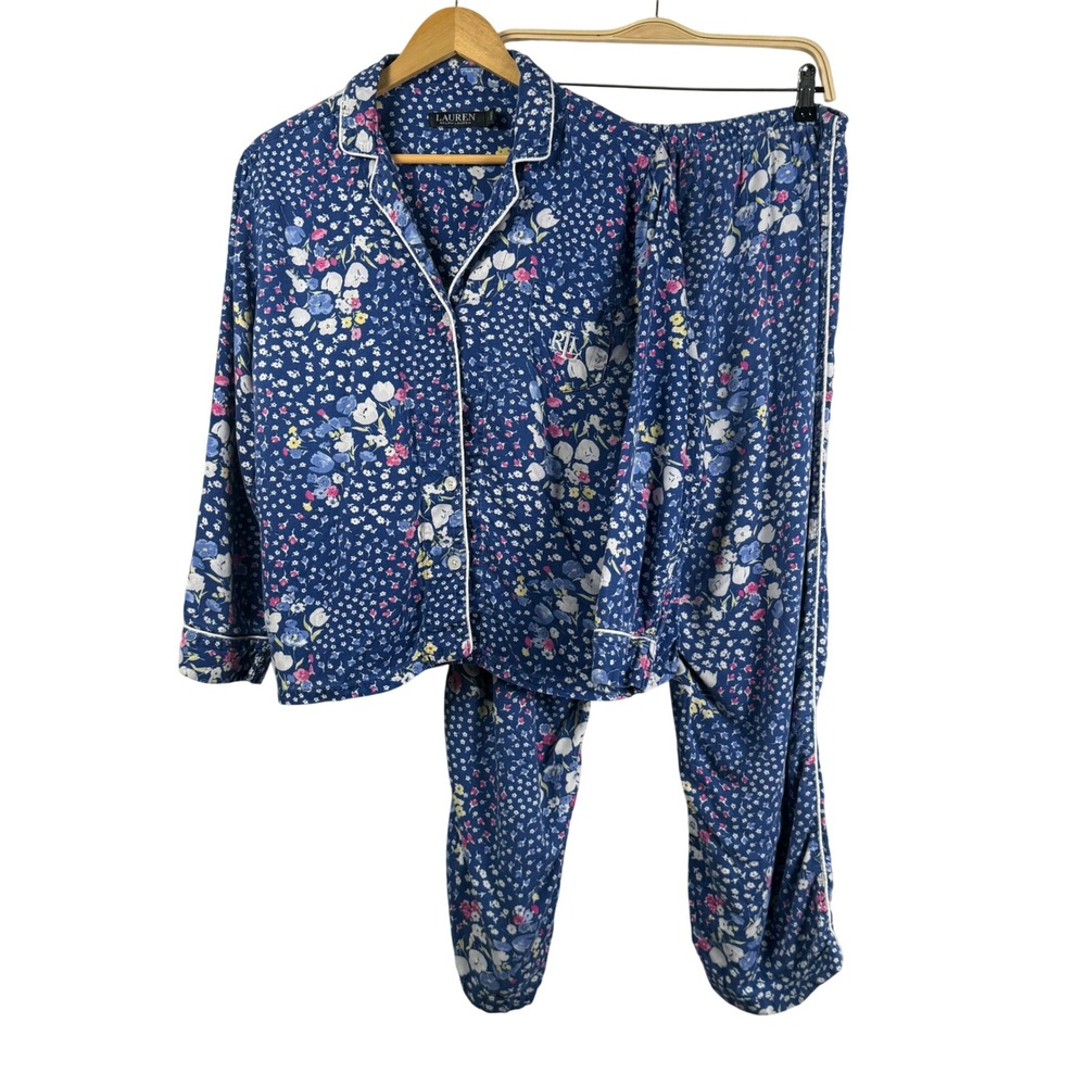 Lauren Ralph Lauren Blue Floral Pajama 2pc Set Monogram LN92133 Cotton Womens L